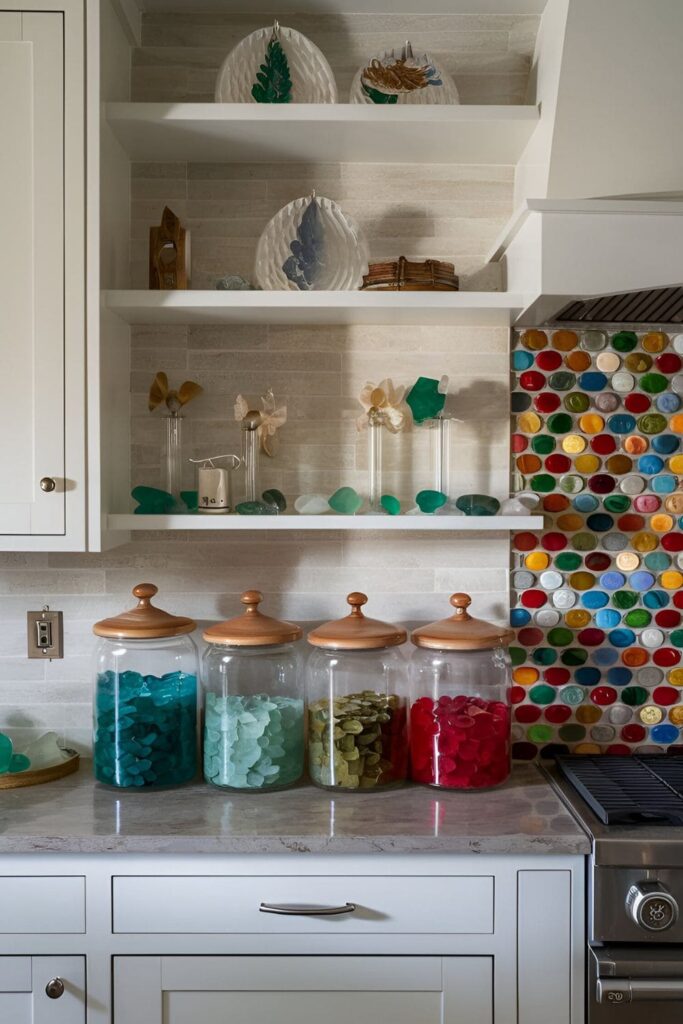 Kitchen with jars of colorful sea glass, a sea glass backsplash, and sea glass decorative items on shelves