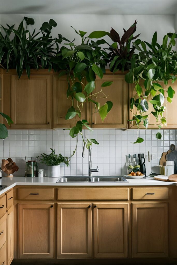 Kitchen with large, bushy plants like pothos or philodendrons placed above the cabinets, trailing down