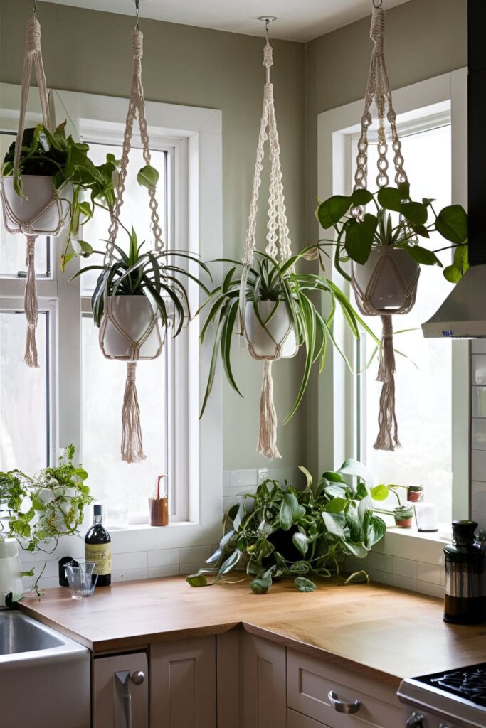 Kitchen with macramé plant hangers holding trailing spider plants or philodendrons, suspended in front of windows