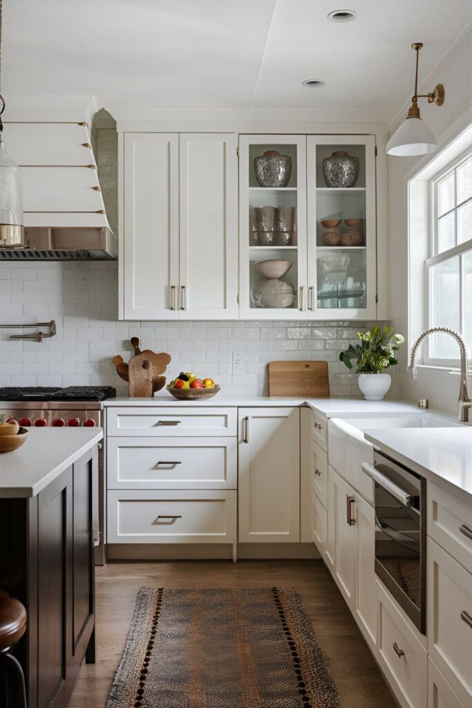 Kitchen with modern brushed nickel cabinet handles and knobs on white cabinets, showing close-up details of the updated hardware