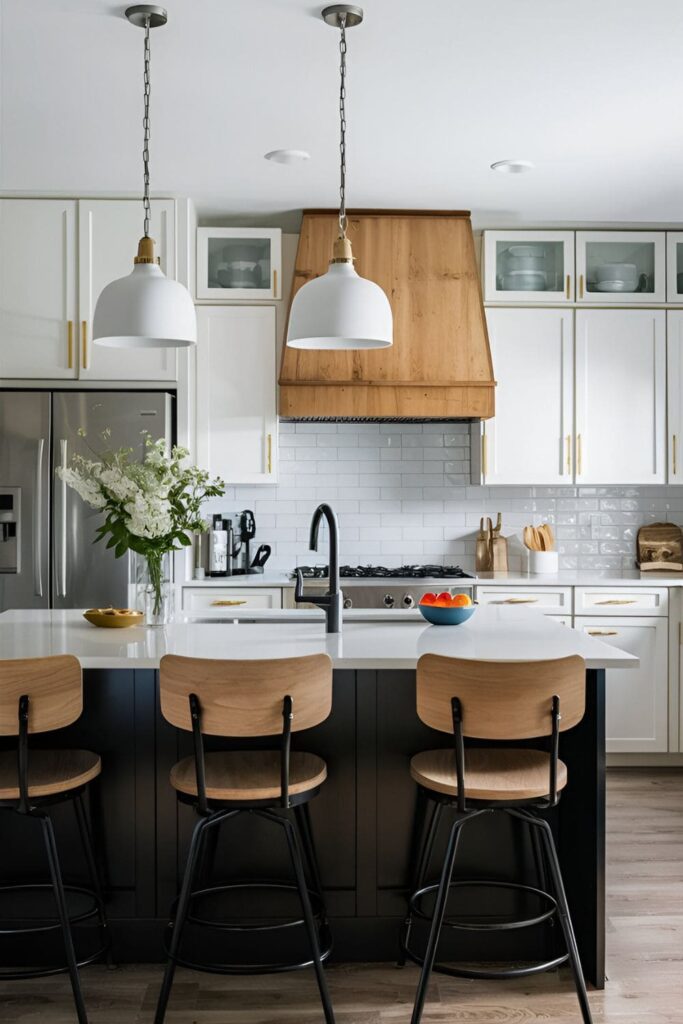 Kitchen with modern pendant lights hanging over the island or sink, providing stylish illumination, and showing before and after images of the updated fixtures