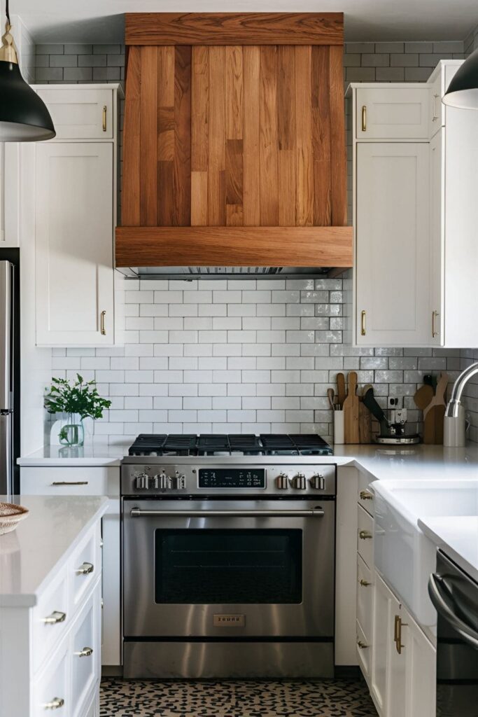 Kitchen with peel-and-stick subway tile backsplash behind the stove and sink, demonstrating the clean and modern look of the tiles