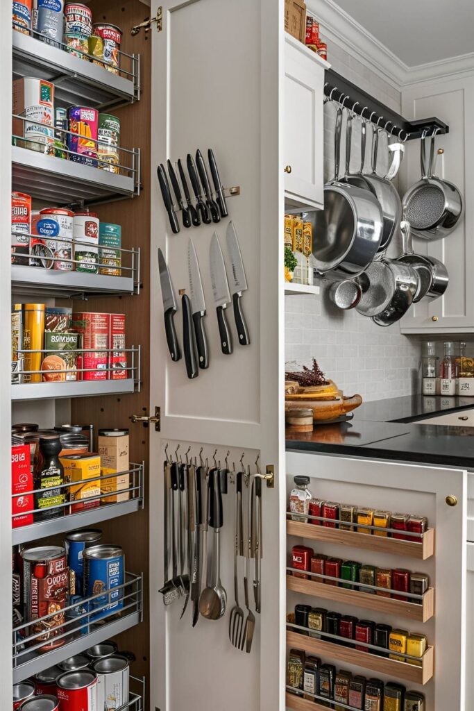 Kitchen with pull-out pantry shelves, a magnetic knife strip mounted on the wall, and hanging pots and pans. Inside cabinet doors, hooks hold utensils and racks organize spices