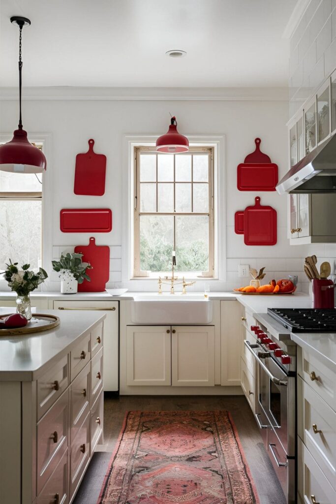 Kitchen with red cutting boards and trays displayed on white countertops and hanging on walls, adding a pop of color.+