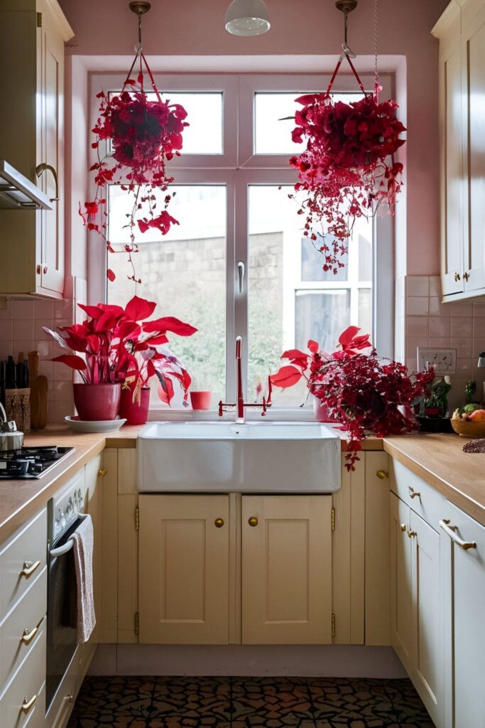 Kitchen with red flowering plants and red-leaved plants on the windowsill and countertops