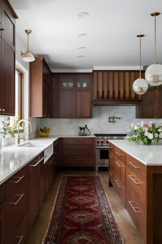 Kitchen with rich cherry wood cabinets and light-colored marble countertops, creating a bright and airy contrast