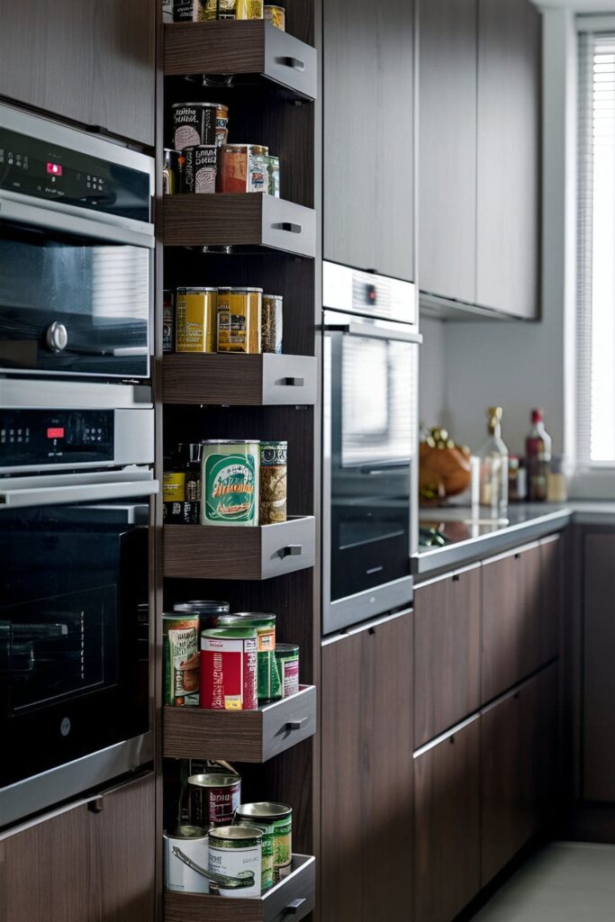 Kitchen with slim storage units fitting into narrow gaps between appliances and cabinets. The units provide extra storage for canned goods, spices, and other small items