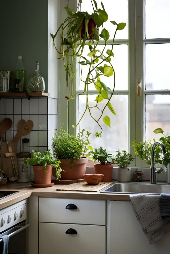 Kitchen with small potted herbs and houseplants placed on the windowsill and countertops, adding life and greenery to the space