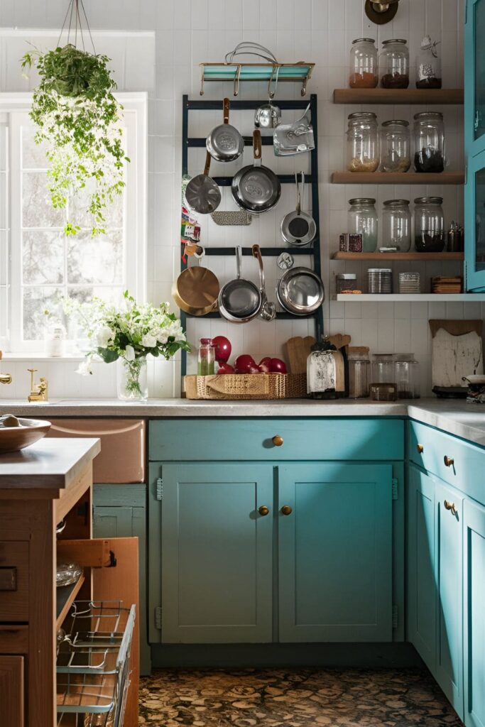 Kitchen with upcycled items like a ladder pot rack and mason jar storage, demonstrating creative repurposing of everyday objects into functional decor