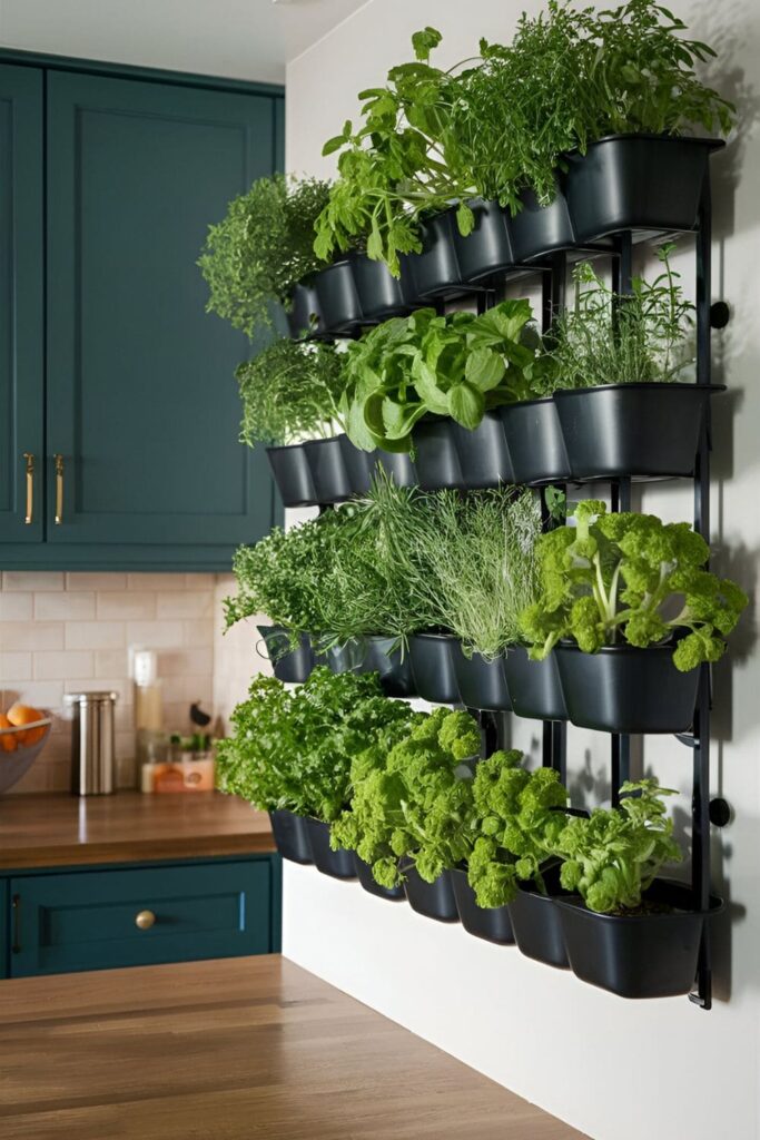 Kitchen with wall-mounted planters growing fresh herbs and small plants. The vertical garden adds a touch of nature and green to the space