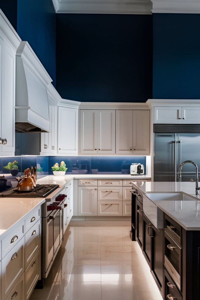 Kitchen with white cabinets and bold navy blue accent wall