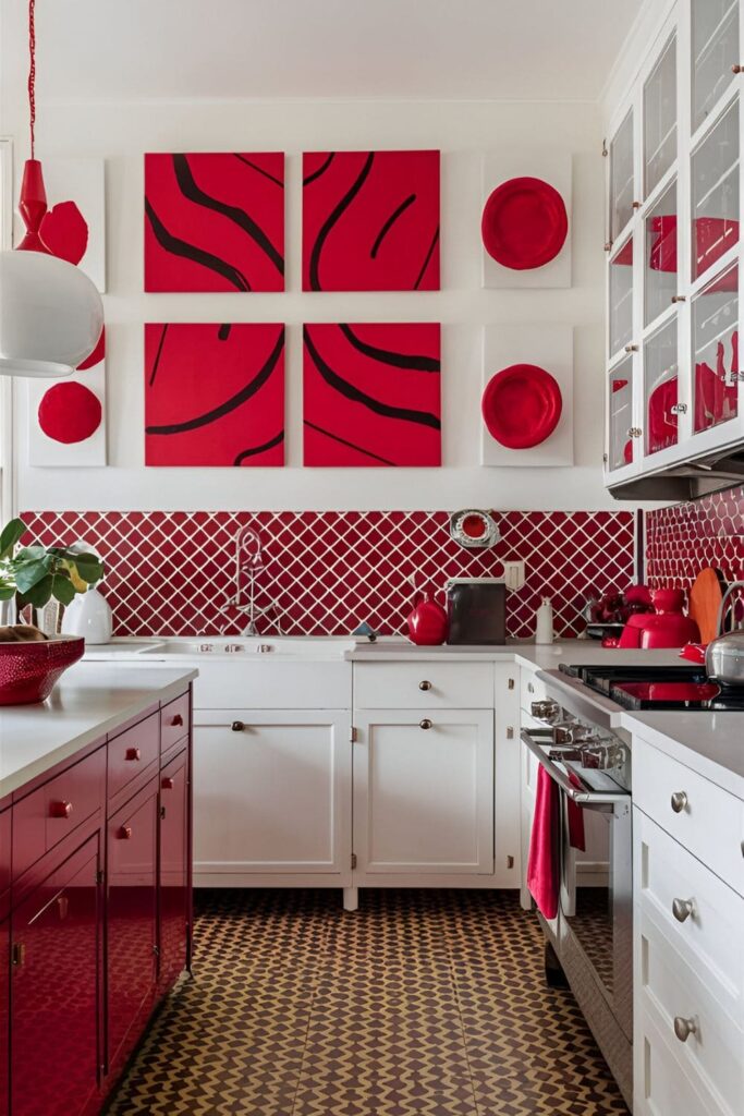 Kitchen with white walls adorned with red abstract artwork and matching red decor accents