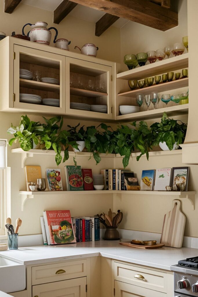 Kitchen with wooden open shelves displaying colorful dishes and glassware, with plants and cookbooks neatly arranged