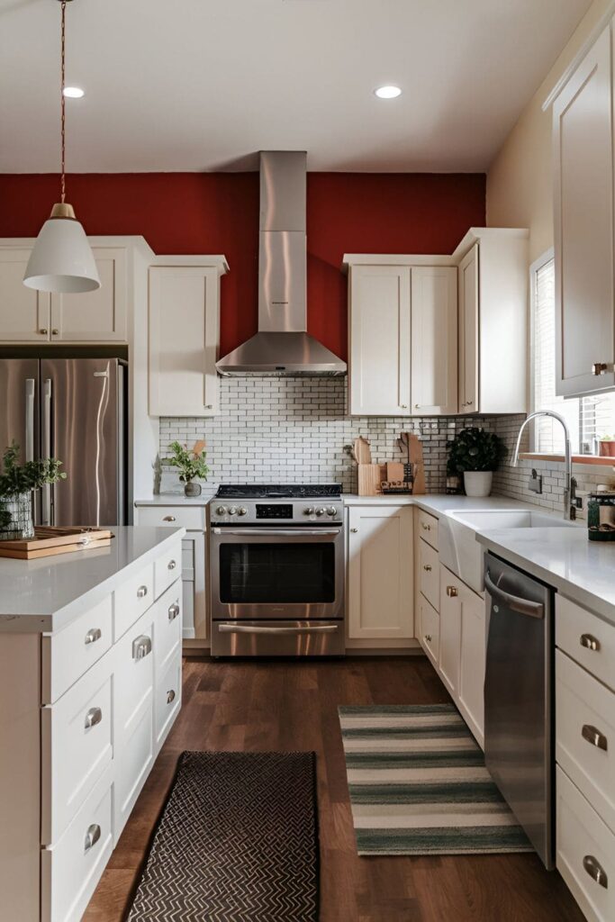 Lively kitchen with cherry red accent walls white cabinets and stainless steel appliances