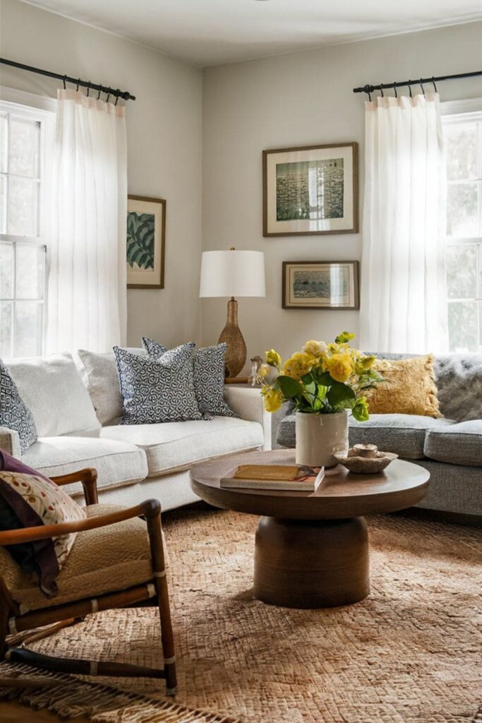 Living room changing with the seasons, showcasing lighter fabrics and bright colors in spring and summer, and heavier textiles and warm hues in fall and winter