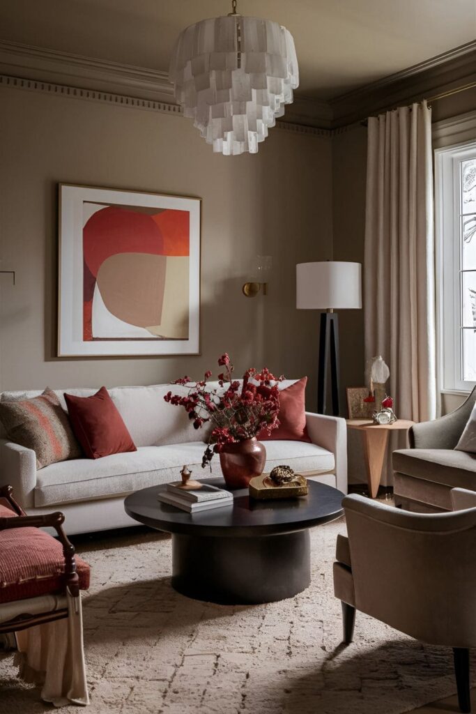 Living room decorated in warm tones of beige, taupe, and soft grays, with accent pieces in deep reds, oranges, and golds