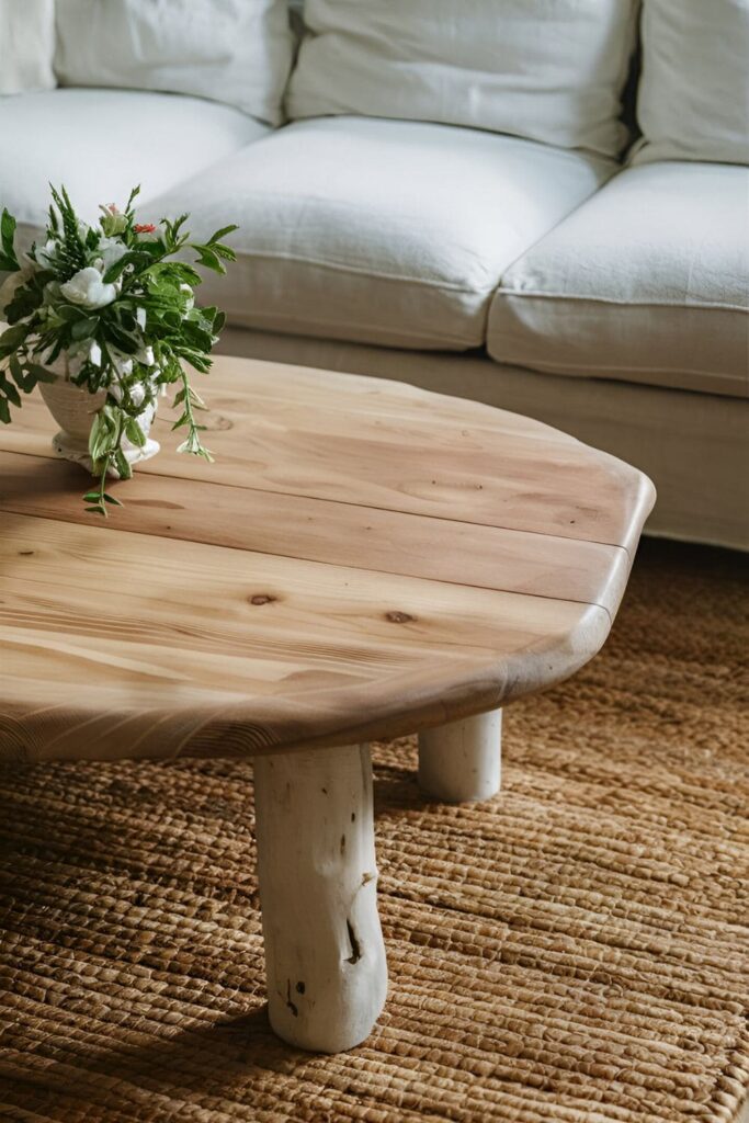 Living room featuring a reclaimed wood coffee table, woven seagrass rug, and white linen sofa