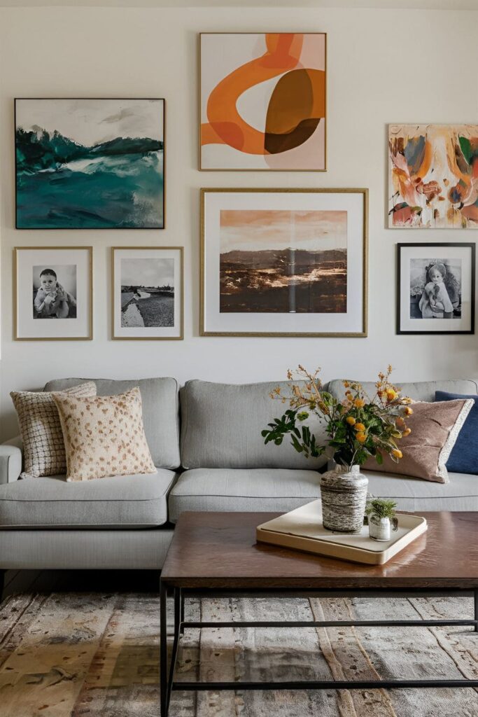 Living room adorned with warm and comforting artwork, including landscapes, abstract pieces in warm colors, and family portraits.