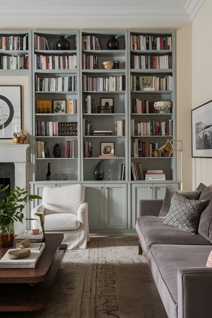 Living room with bookshelves filled with books and decor items, arranged in an aesthetically pleasing manner