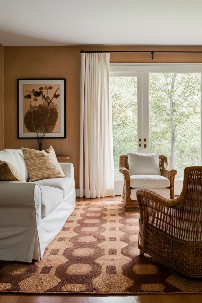 Living room with warm hardwood floors, patterned jute rug, white slipcovered sofa, and woven wicker armchair