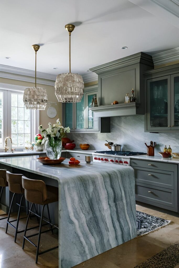 Luxurious kitchen with a grey island and marble waterfall countertop flowing seamlessly over the sides