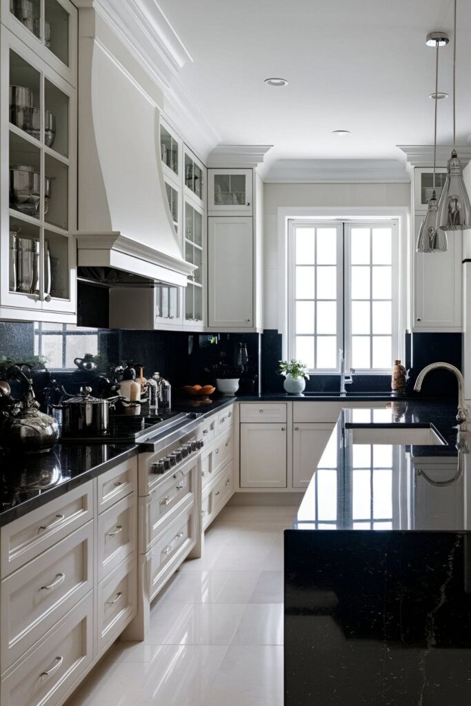 Luxurious kitchen with white cabinets and black granite countertops