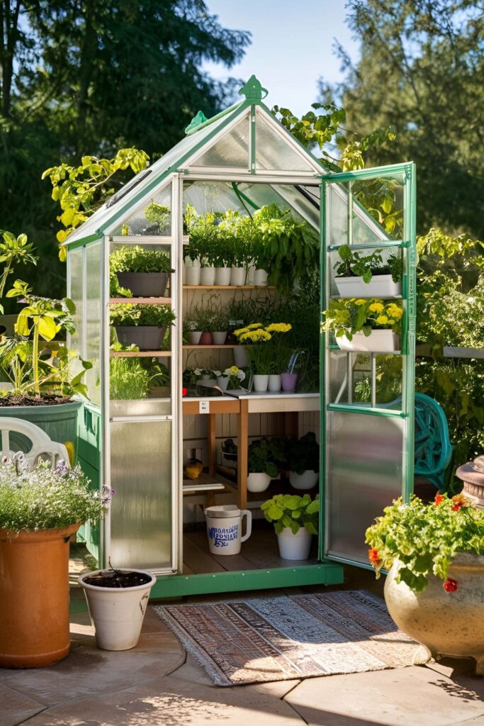 Mini greenhouse filled with herbs, flowers, and small vegetables, located on a sunny patio with decorative pots and gardening tools nearby