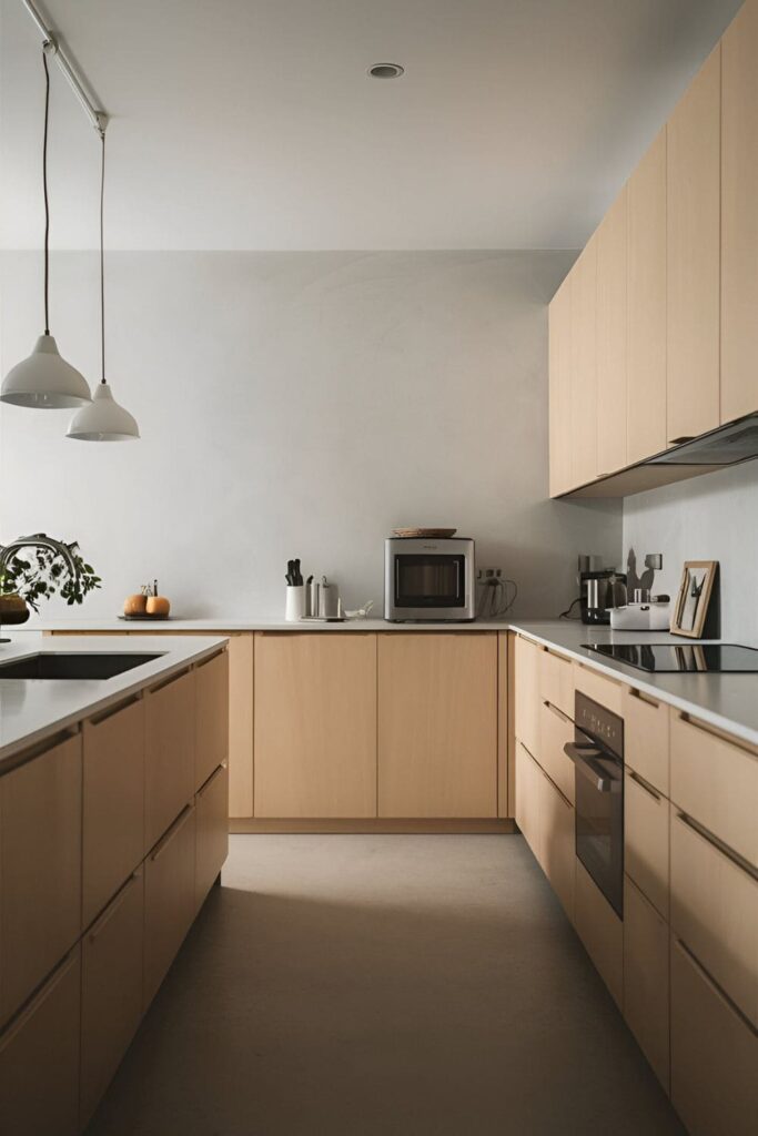 Minimalist kitchen with clean lines, few items, and a serene atmosphere, featuring only essential kitchen tools and appliances