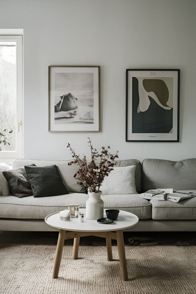 Minimalist living room with a calm and serene environment, featuring only essential and beloved items, free from clutter