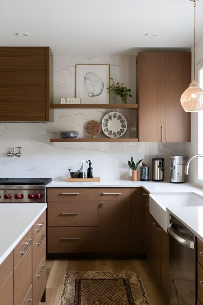 Modern floating shelves installed above kitchen cabinets, displaying smaller decor items and adding extra space