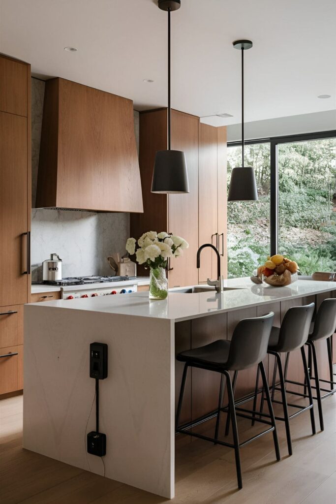 Modern kitchen island with hidden pop-up outlets, maintaining a clean surface while providing convenient access to power