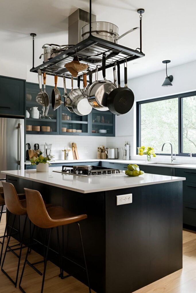 Modern kitchen with a hanging rack above the island holding pots, pans, and kitchen tools, providing extra storage and a stylish focal point