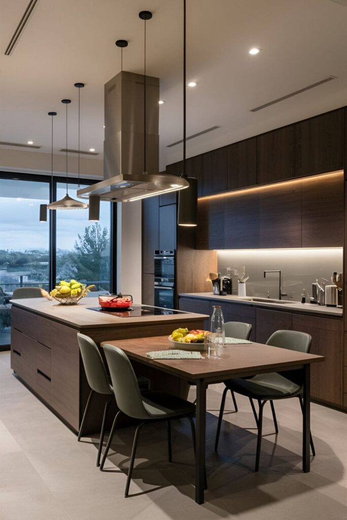 Modern kitchen with a multi-level island featuring separate cooking and dining areas, showcasing contemporary design