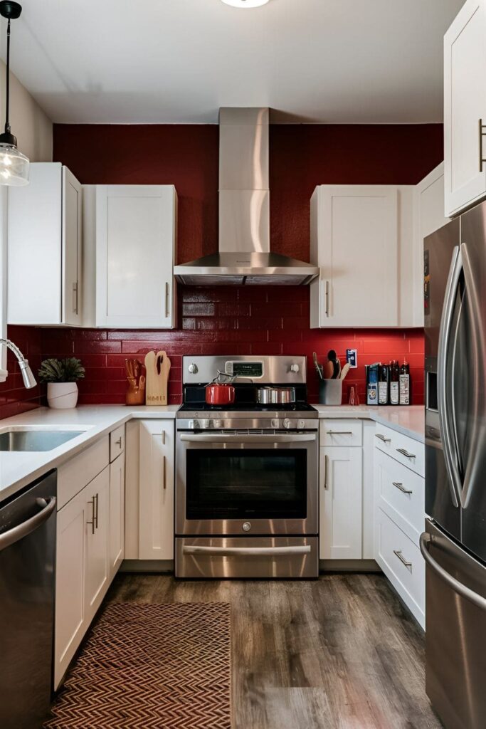 Modern kitchen with a red accent wall behind the stove, white cabinets, and stainless steel appliances