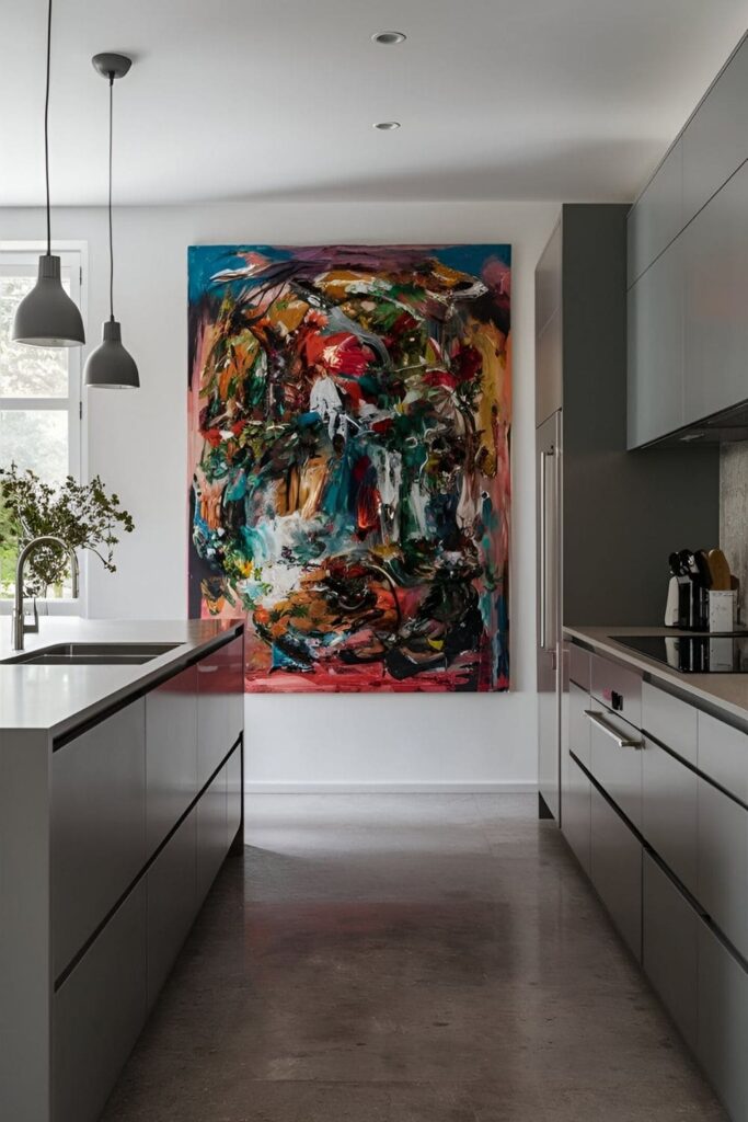 Modern kitchen with grey cabinets and an oversized, vibrant abstract painting as a focal point on one of the walls