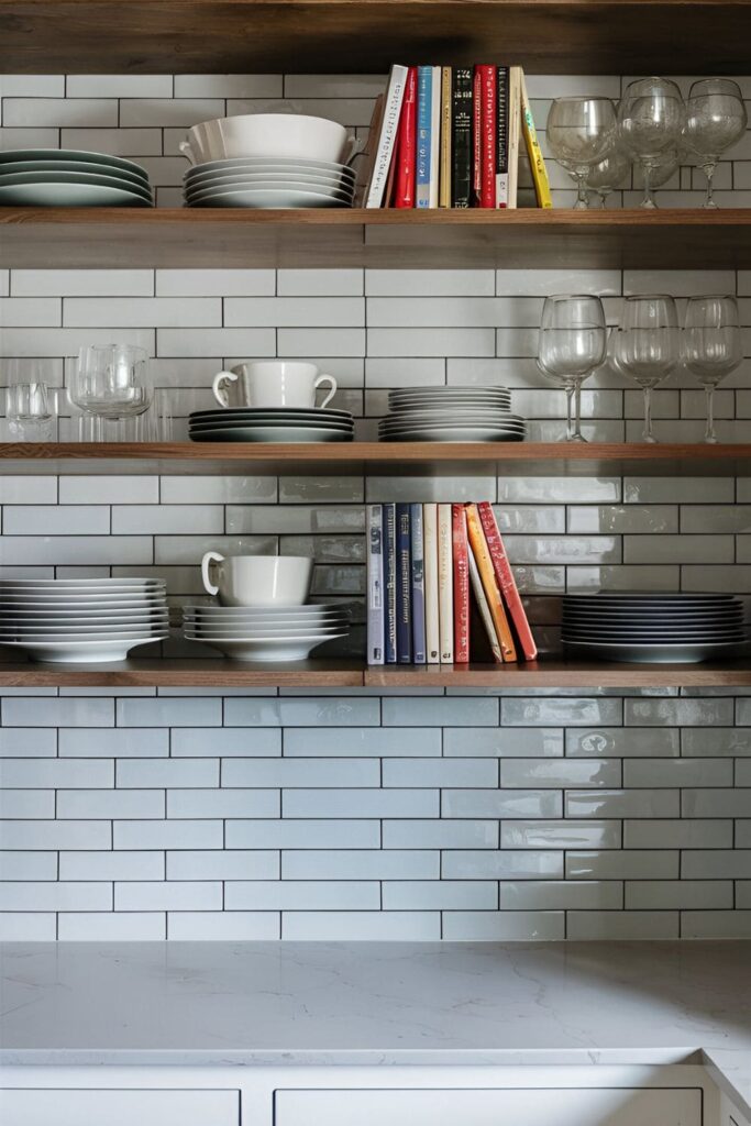 Modern kitchen with open wooden shelves displaying dishes, glassware, and cookbooks on a white tiled backsplash