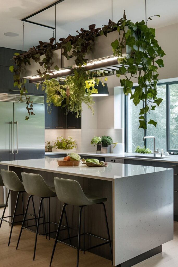 Modern kitchen with sleek hanging planters over the kitchen island, filled with trailing ivy and pothos plants