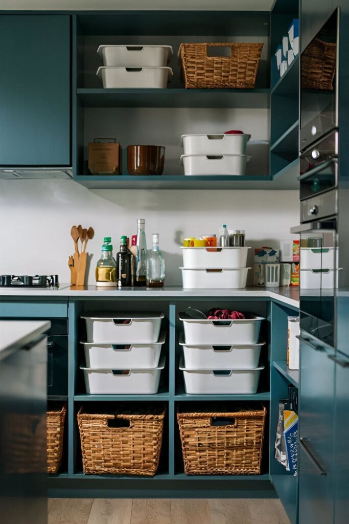 Modern kitchen with stackable storage bins and baskets organized on open shelves, keeping items tidy and accessible