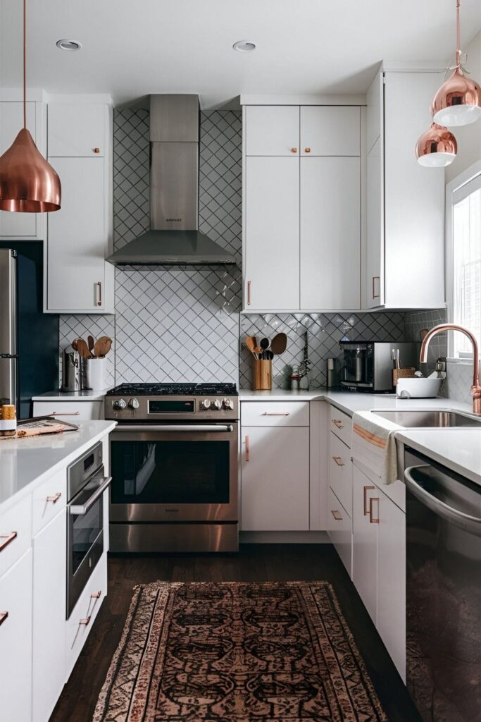 Modern kitchen with white cabinets and stainless steel appliances