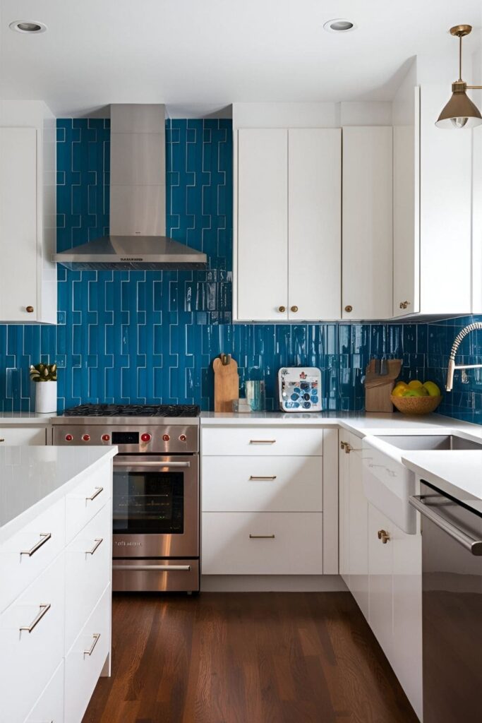 Modern kitchen with white cabinets and vibrant blue tile backsplash