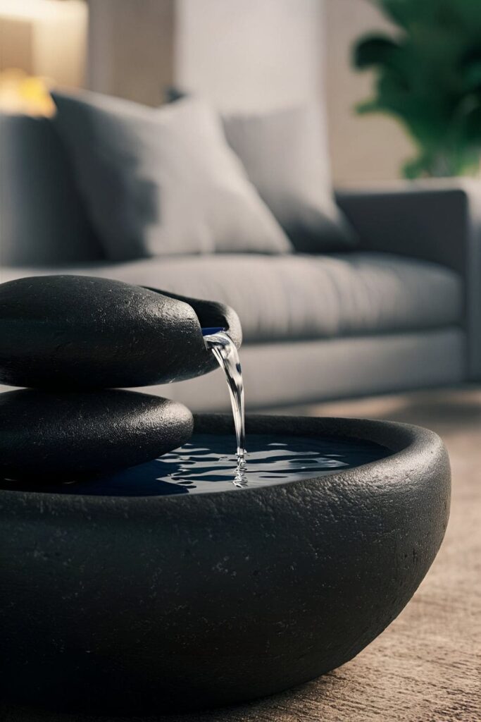 Modern living room with a small, modern water fountain made of smooth black stone, with trickling water creating a calming sound