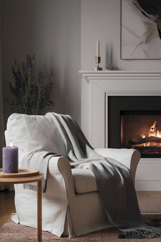 Modern living room with crackling fireplace, cozy throw on white linen armchair, lavender candle burning on side table, and instrumental music playing