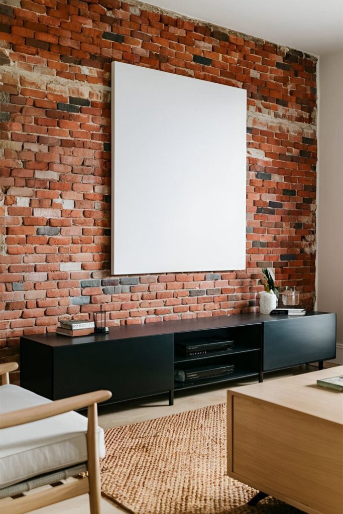 Modern living room with exposed brick accent wall, large white canvas, sleek black media console, and light wood furniture with woven rug