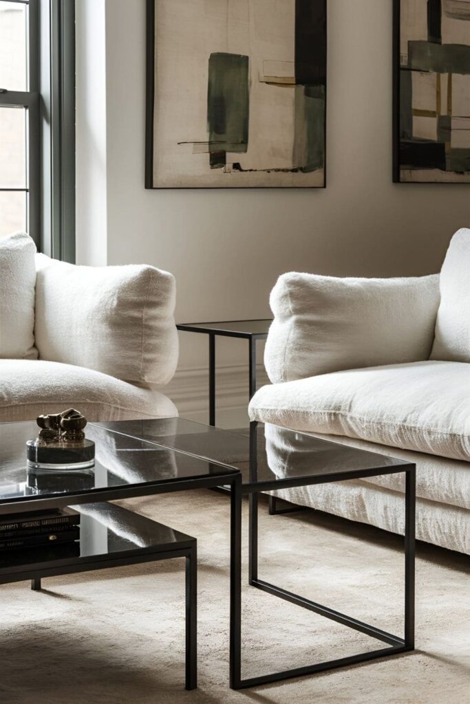 Modern living room with sleek black glass top coffee table, white linen sofa, and black metal frame side table