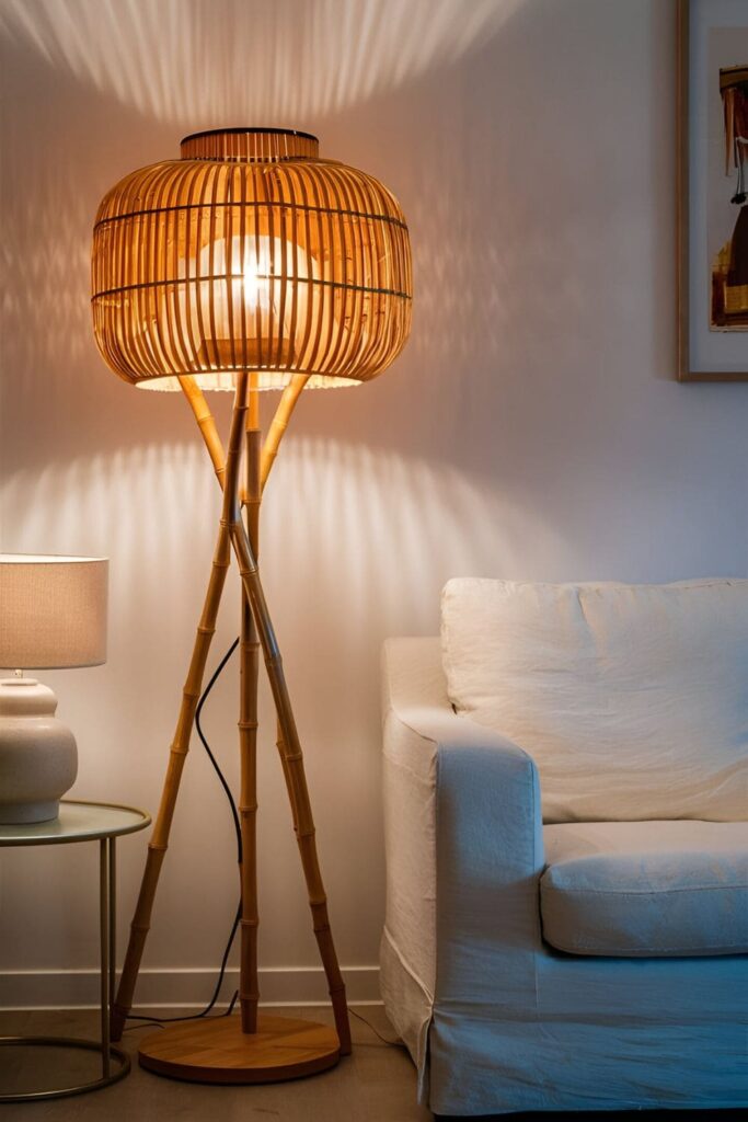 Modern living room with woven bamboo floor lamp casting a warm glow, next to a white linen armchair and side table with ceramic lamp