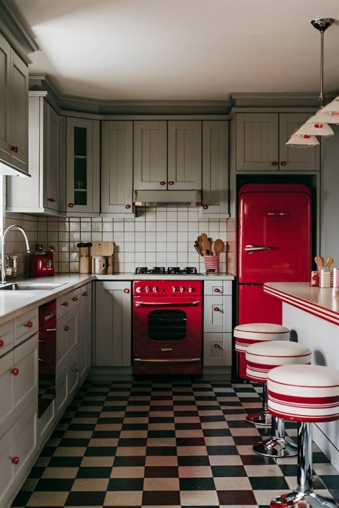 Nostalgic kitchen with grey cabinets, vintage-style red appliances, checkerboard floors, and classic diner-style bar stools