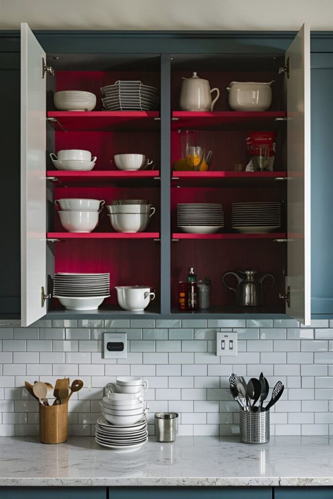 Open kitchen cabinets with red shelf liners and neatly organized dishware and utensils