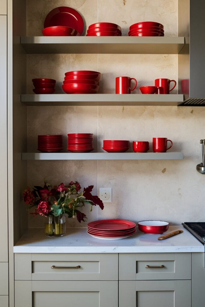 Open shelves displaying red plates, bowls, and mugs in a neutral-toned kitchen