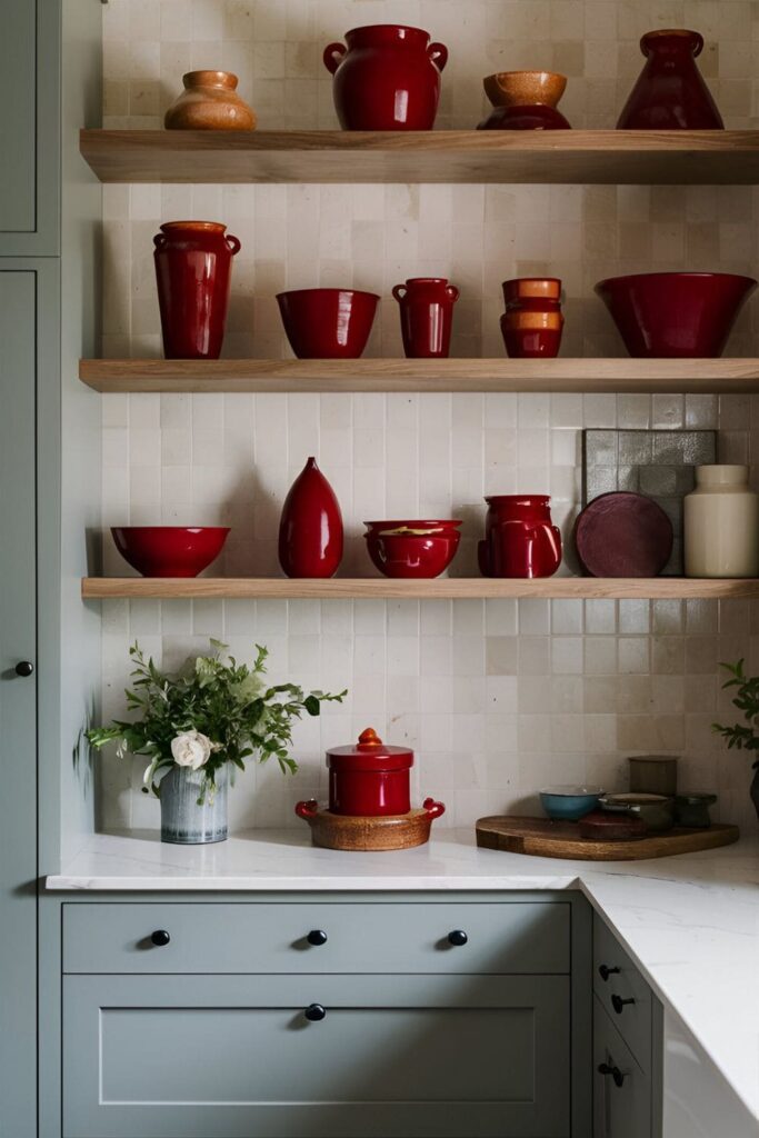 Open shelves in a kitchen displaying red pottery and ceramic bowls, vases, and jars