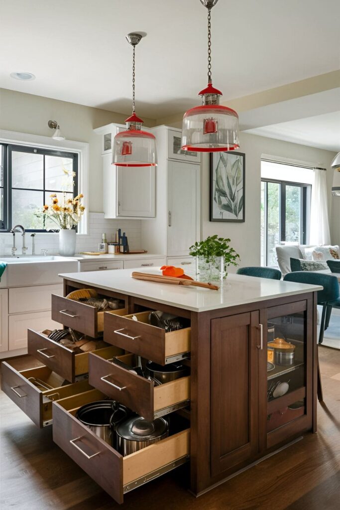 Organized kitchen island with customized drawers for specific storage needs, including deep drawers for pots and slim ones for utensils